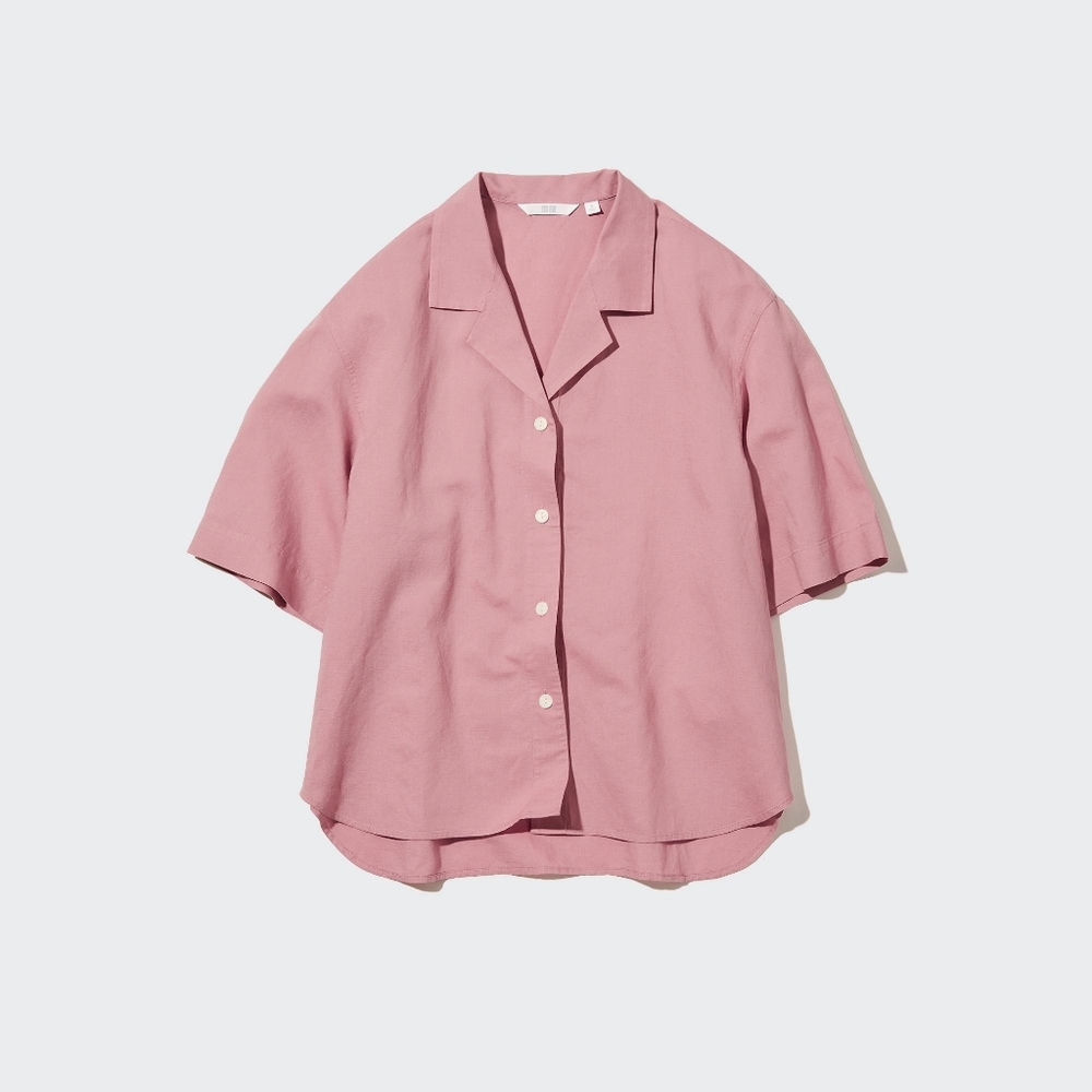 NWT Uniqlo Linen-blend Open Collar Short-sleeve Shirt in Pink, Size X-Small (XS)